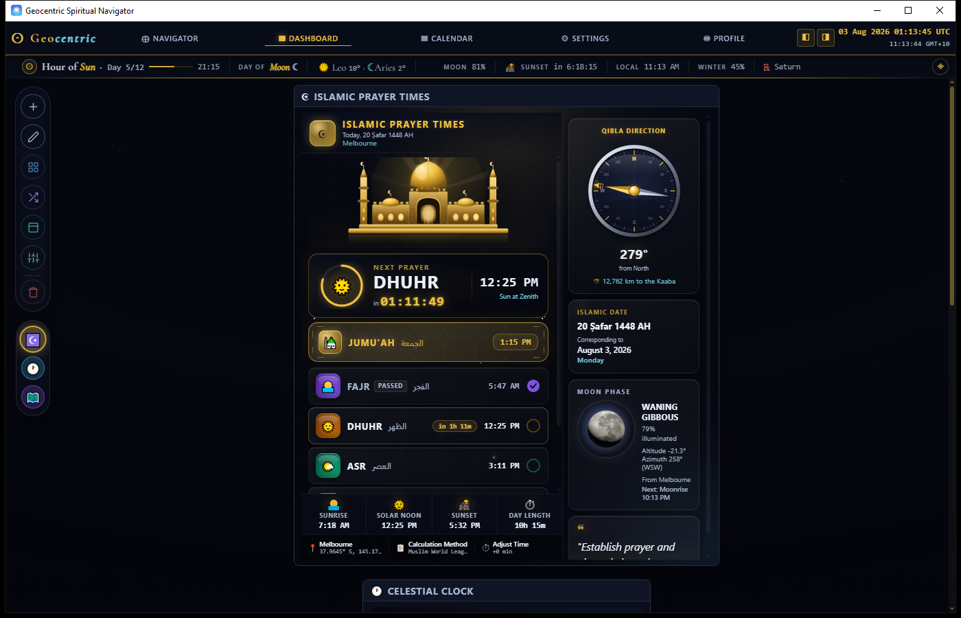 Dashboard with prayer times and Qibla compass widgets