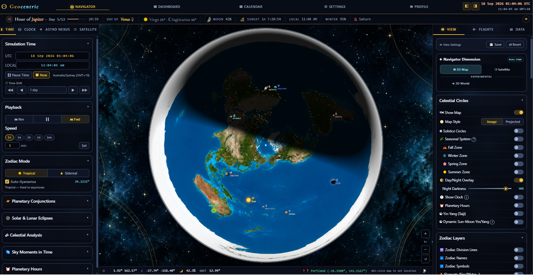 Geocentric Navigator 2D map view with the full View settings panel open, showing zodiac, seasonal and celestial circle toggles