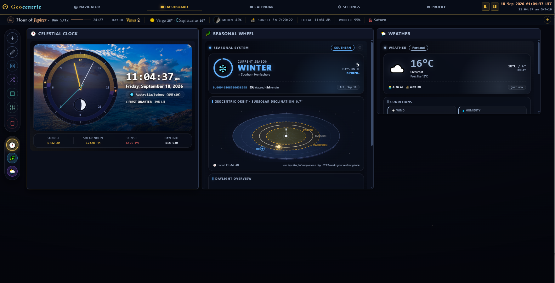 Dashboard with celestial clock, seasonal wheel and weather widgets